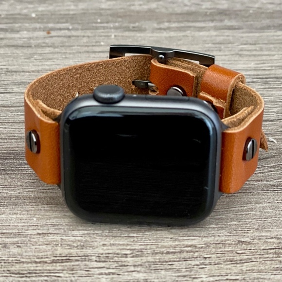 Light Brown iWatch Series 7 Leather Band Black Metal Women Jewelry Bracelet